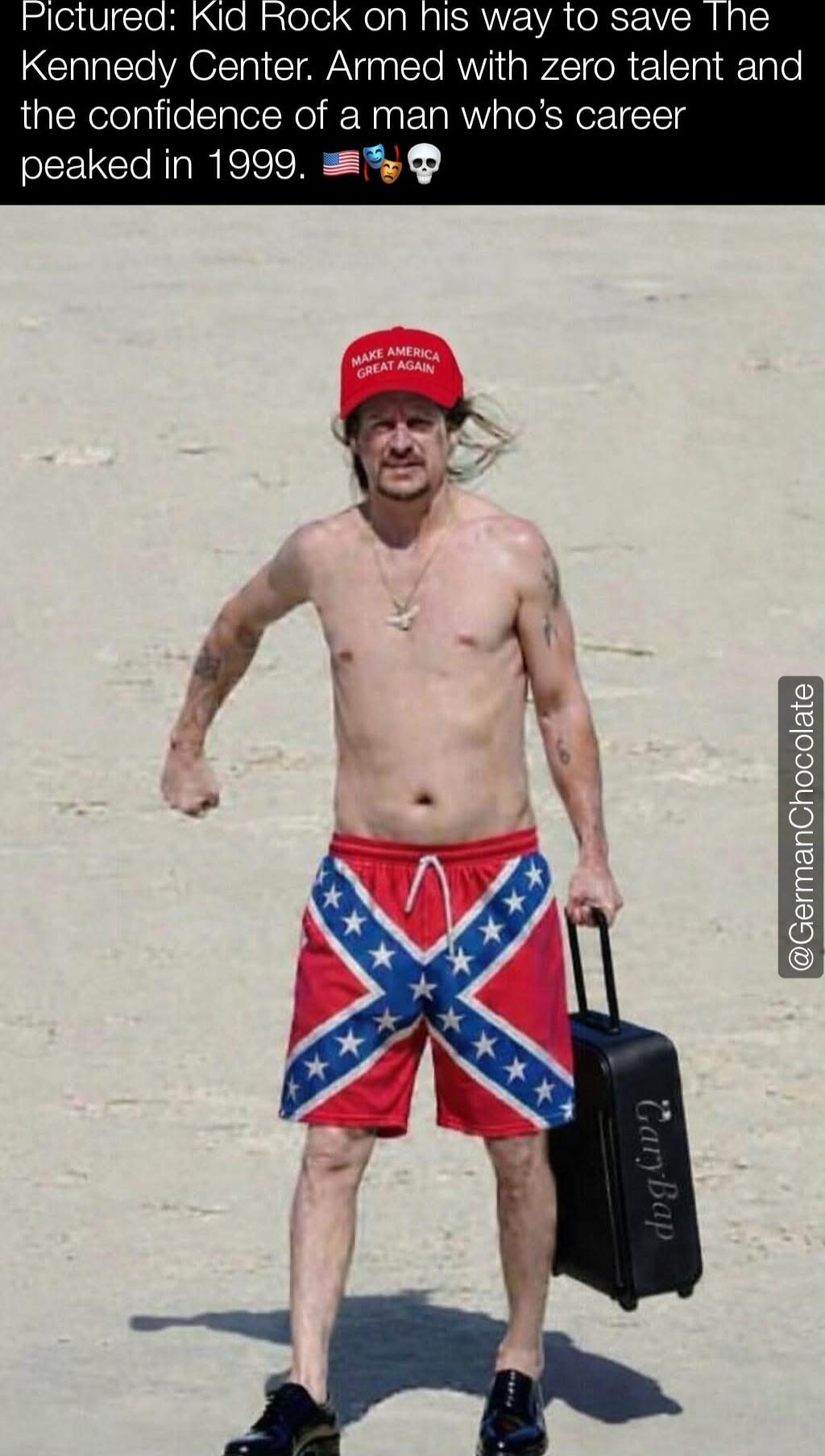 Pictured: Kid Rock on his way to save The Kennedy Center. Armed with zero talent and the confidence of a man who’s career peaked in 1999. 🇺🇸 💪 💀