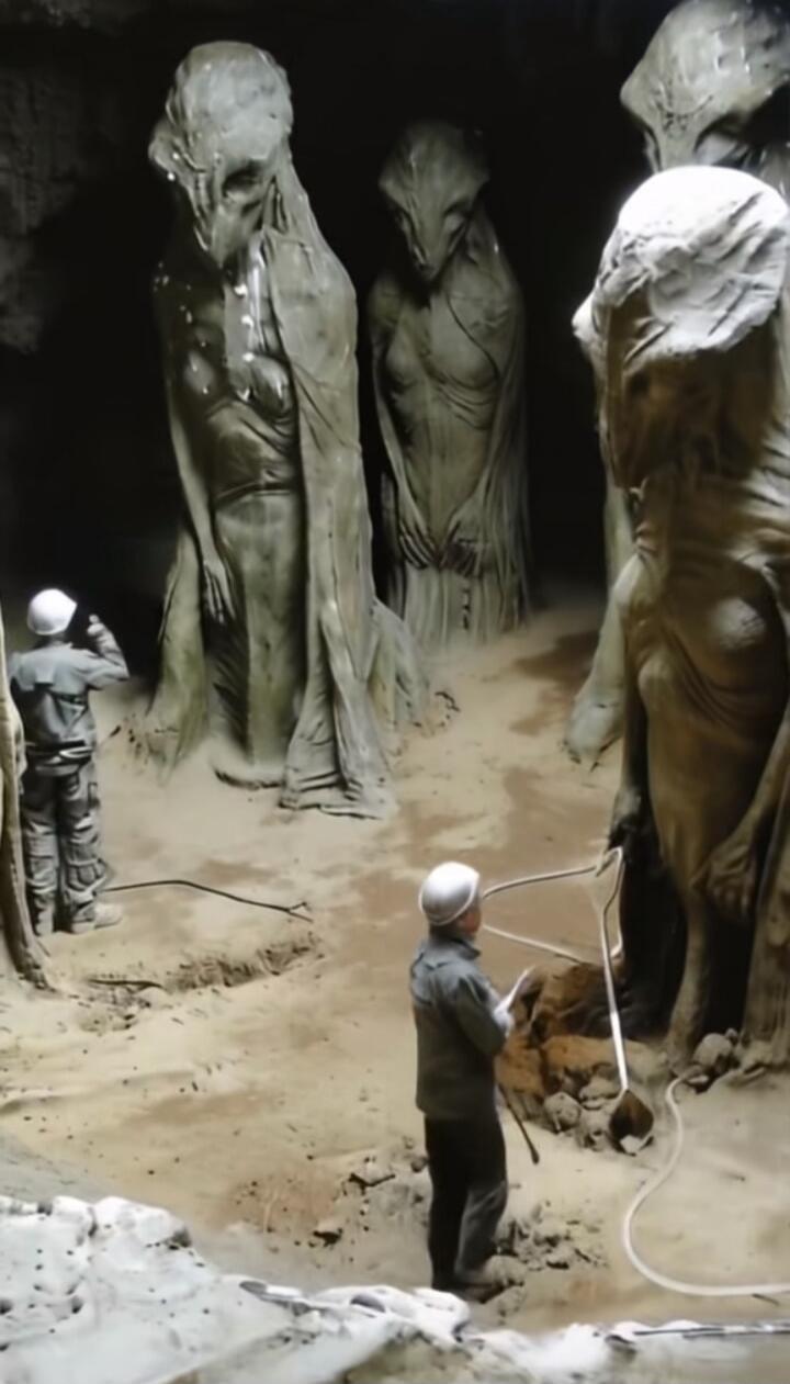 Two workers in hard hats examine large, eerie humanoid statues inside a dim cave. The statues are tall, draped figures with elongated limbs, creating a surreal, otherworldly scene.