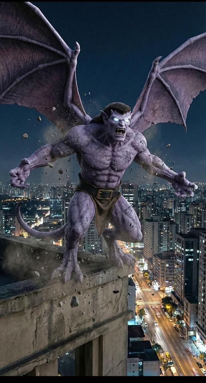 A large purple winged demon standing on the edge of a building overlooking a city.