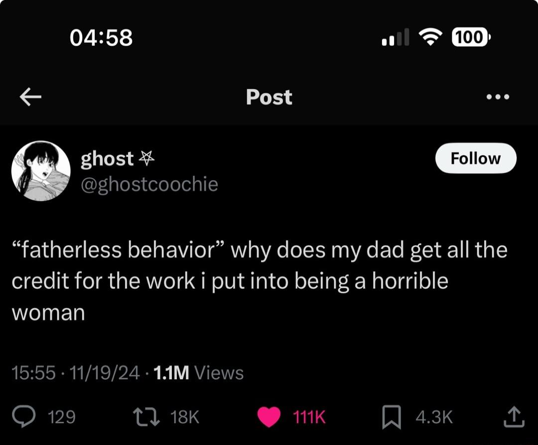 0458 R 100 Post vor 9 ghost G g aghostcoochie fatherless behavior why does my dad get all the credit for the work i put into being a horrible woman