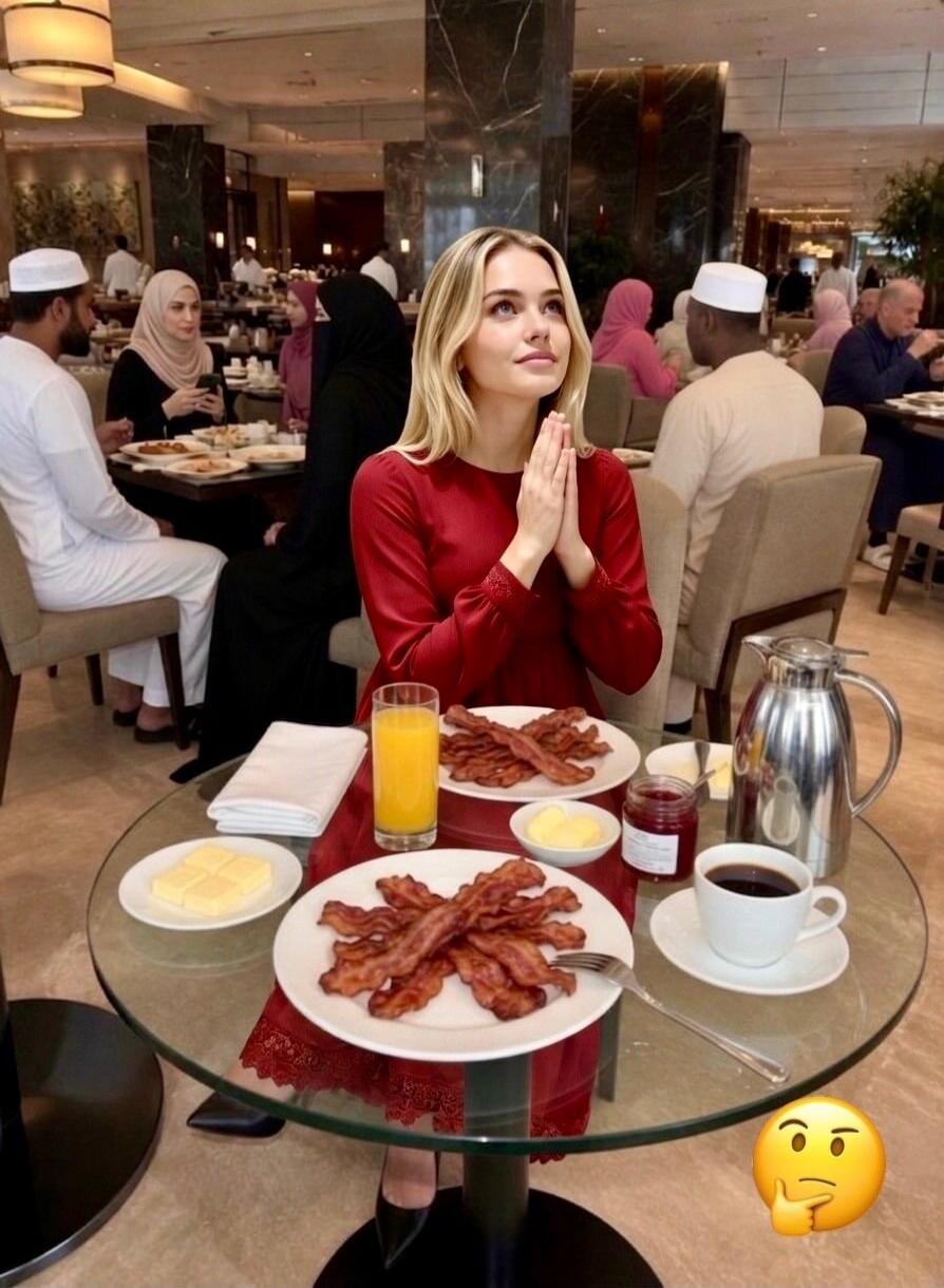 A blonde woman in a red dress sits at a table with a large breakfast including bacon, orange juice, and coffee. She has her hands clasped in a prayer-like gesture, looking upwards. In the background, several people, many in traditional Islamic attire, are dining. A thinking face emoji is in the bottom right corner.