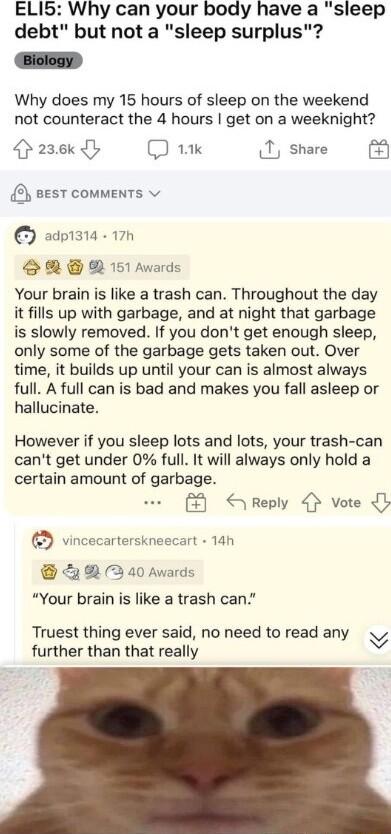 ELIS Why can your body have a sleep debt but not a sleep surplus Why does my 15 hours of sleep on the weekend not counteract the 4 hours get on a weeknight Gasd 1 T share 5 BEST COMMENTS adp1314 17n SRG R Your brain is like a trash can Throughout the day it fills up with garbage and at night that garbage is slowly removed If you dont get enough sleep only some of the garbage gets taken out Over ti