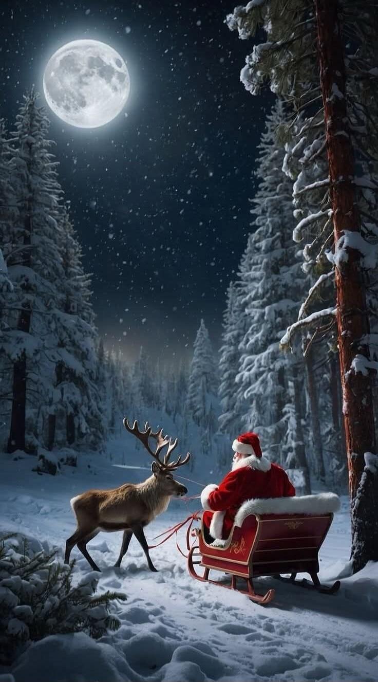 Santa Claus in his sleigh with a reindeer in a snowy forest under a full moon.