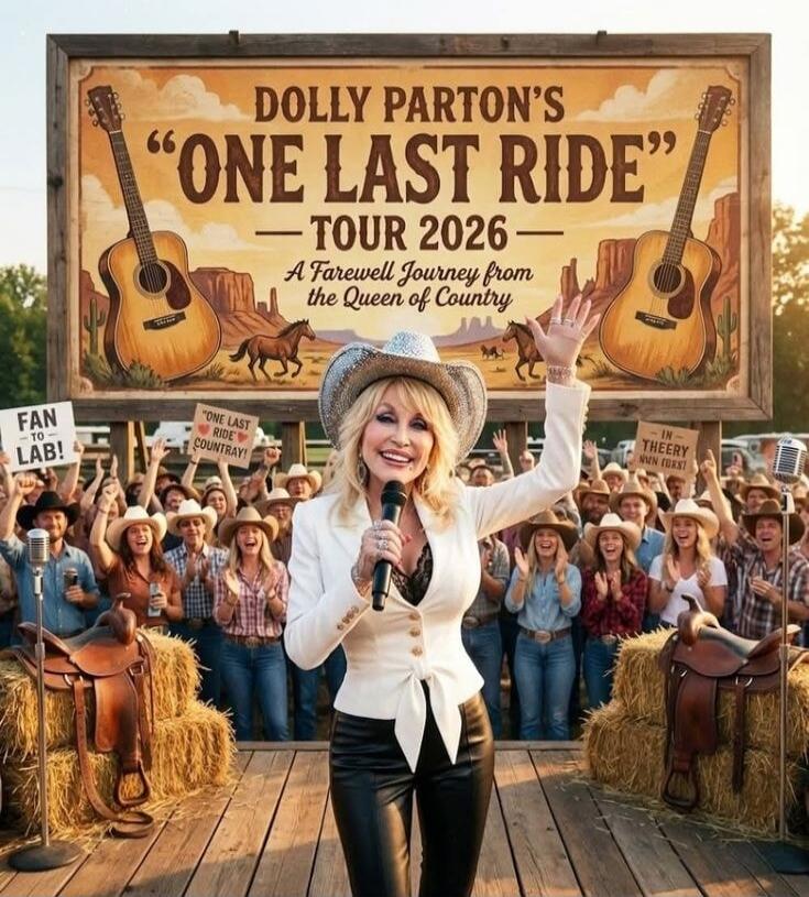 Dolly Parton's 'One Last Ride' Tour 2026 - A Farewell Journey from the Queen of Country. Fans holding signs saying 'Fan - To - Lab!', 'One Last Ride Country!', and 'In Theery Wnn Forst!'