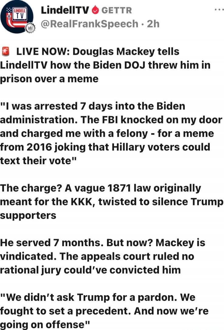 LIVE NOW: Douglas Mackey tells LindellTV how the Biden DOJs threw him in prison over a meme

