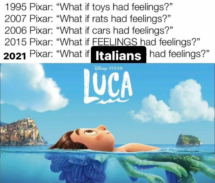 1995 Pixar 2007 Pixar 2006 Pixar 2015 Pixar 2021 Pixar What if toys had feelings What if rats had feelings What if cars had feelings What if FEELINGS had feelings What ifm had feelings