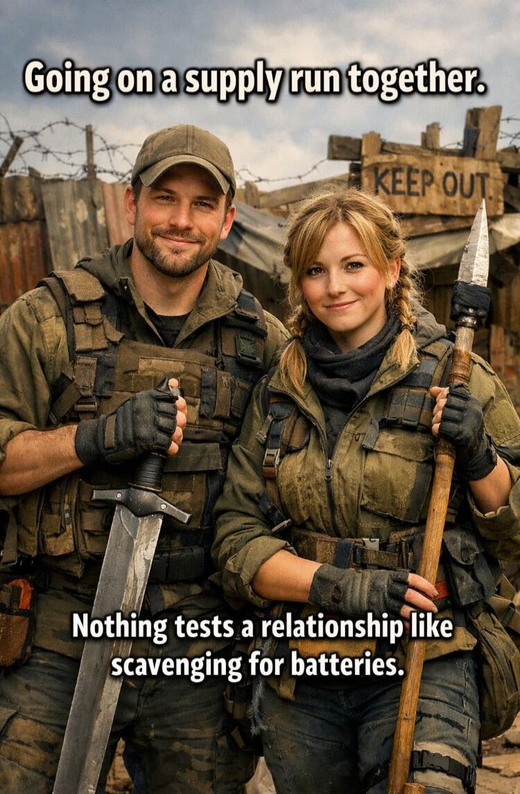Going on a supply run together. Nothing tests a relationship like scavenging for batteries. KEEP OUT.