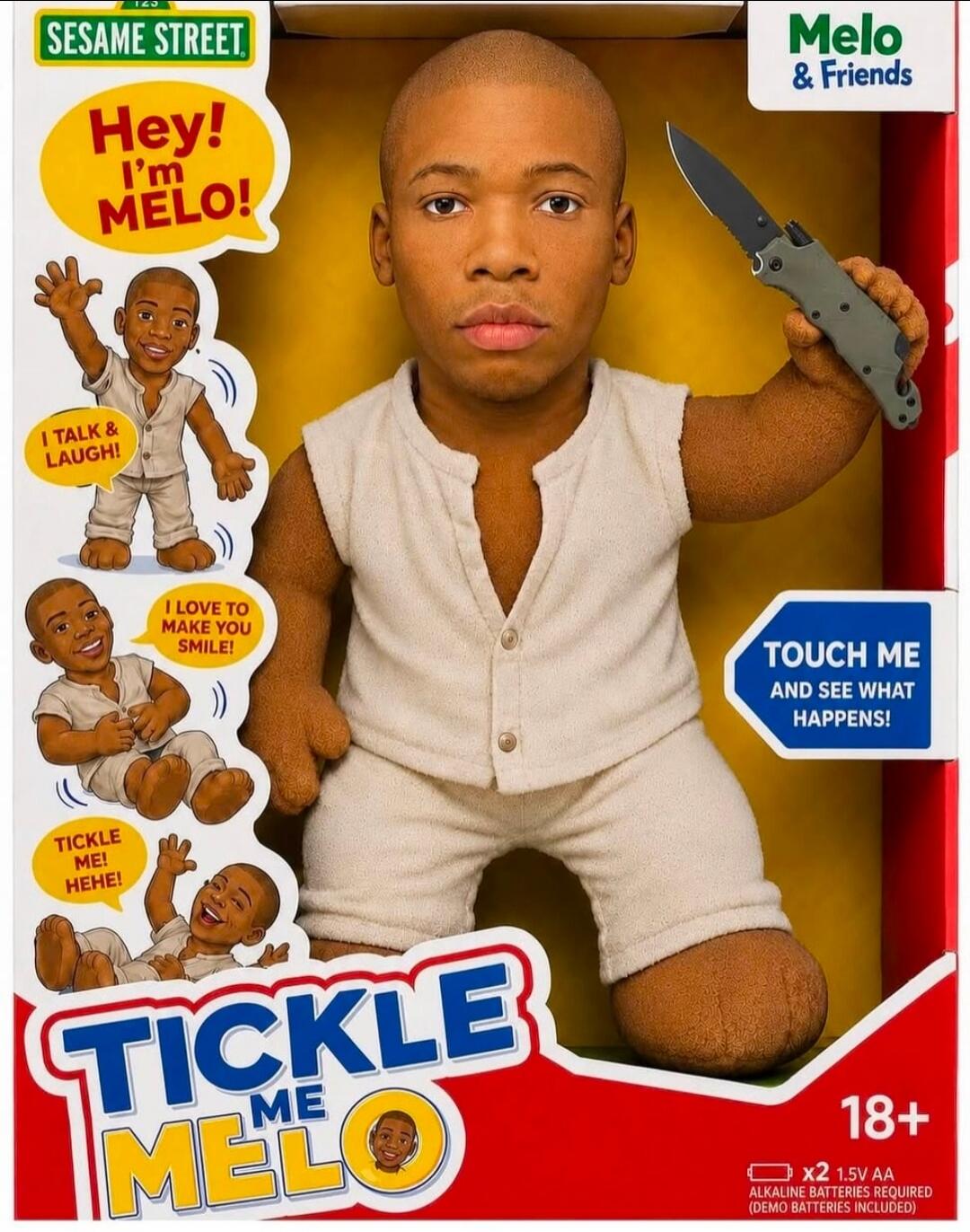 Sesame Street, Hey! I'm Melo!, Melo & Friends, I talk & laugh!, I love to make you smile!, Tickle me! Hehe!, Tickle Me Melo, Touch me and see what happens!, 18+, x2 1.5V AA Alkaline Batteries Required (Demo Batteries Included)