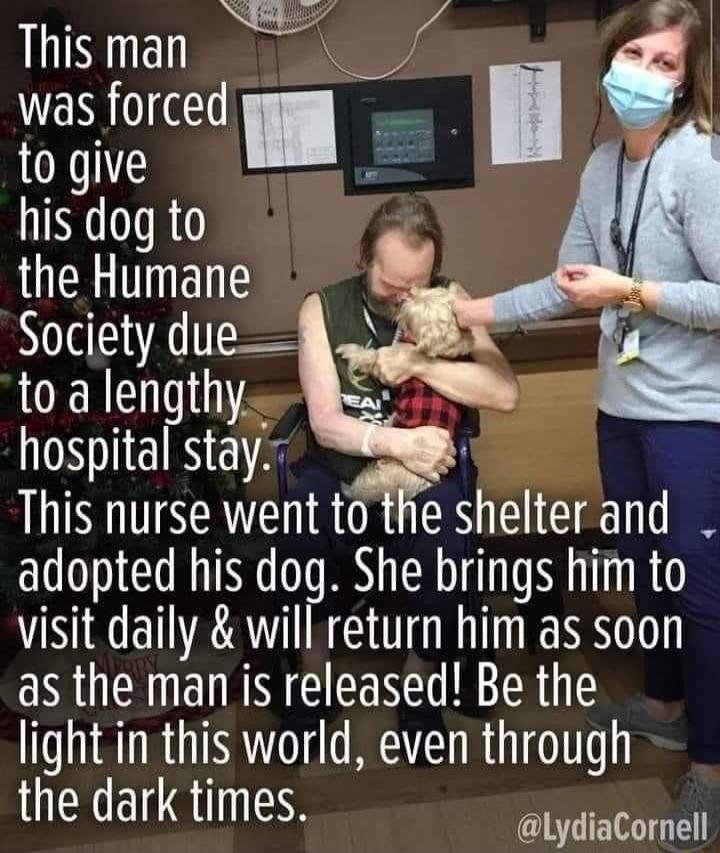 his man was forced 0 give his dog to he Humane hospital stay 7 his nurse went to the shelter and adopted his dog She brings him to visit daily will return him as soon as the man is released Be the ight in this world even through the dark times T ETHE