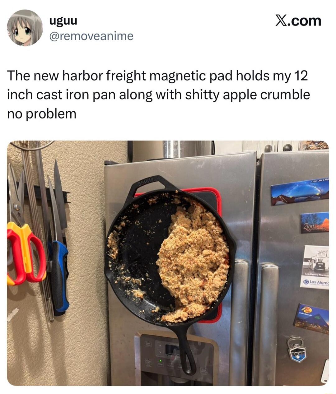 The new harbor freight magnetic pad holds my 12 inch cast iron pan along with shitty apple crumble no problem