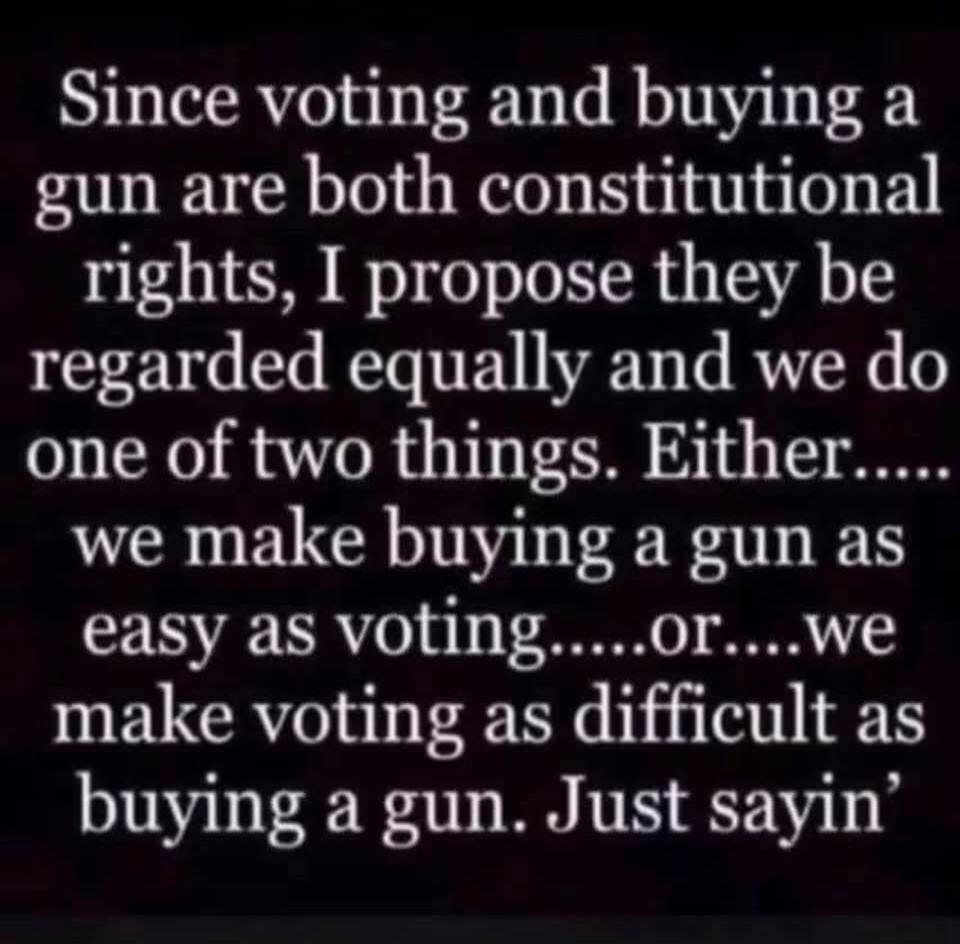 Since voting and buying a gun are both constitutional rights, I propose they be regarded equally and we do one of two things. Either... we make buying a gun as easy as voting... or... we make voting as difficult as buying a gun. Just sayin'