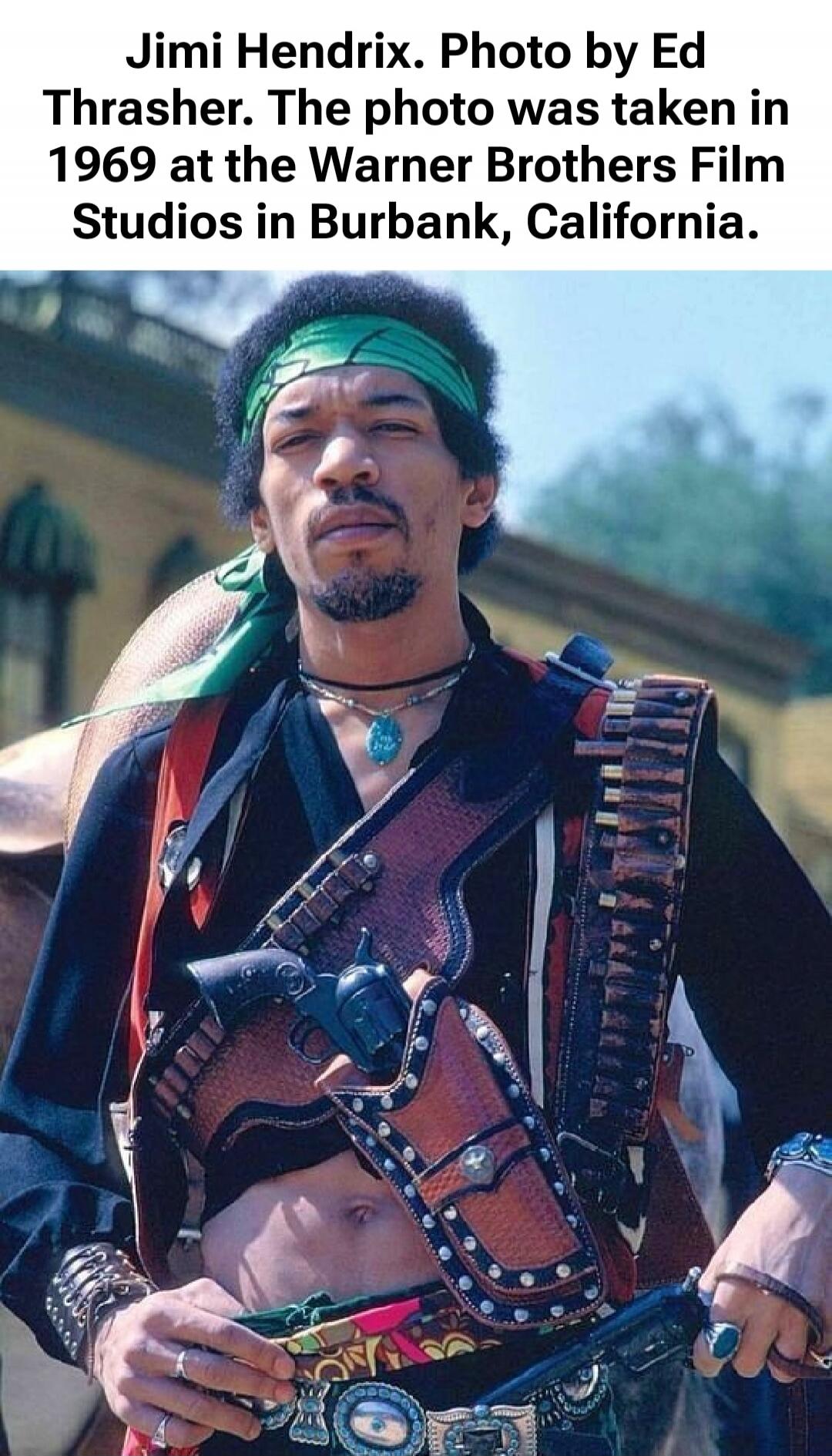 Jimi Hendrix. Photo by Ed Thrasher. The photo was taken in 1969 at the Warner Brothers Film Studios in Burbank, California.