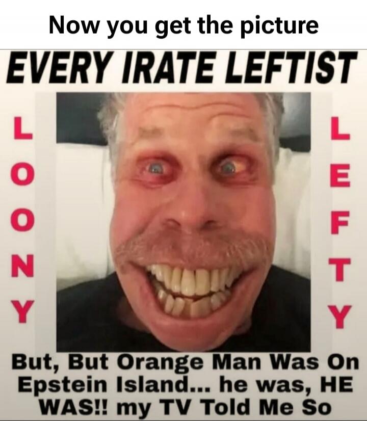 Now you get the picture
EVERY IRATE LEFTIST
LOONY LEFTY
But, But Orange Man Was On Epstein Island... he was, HE WAS!! my TV Told Me So