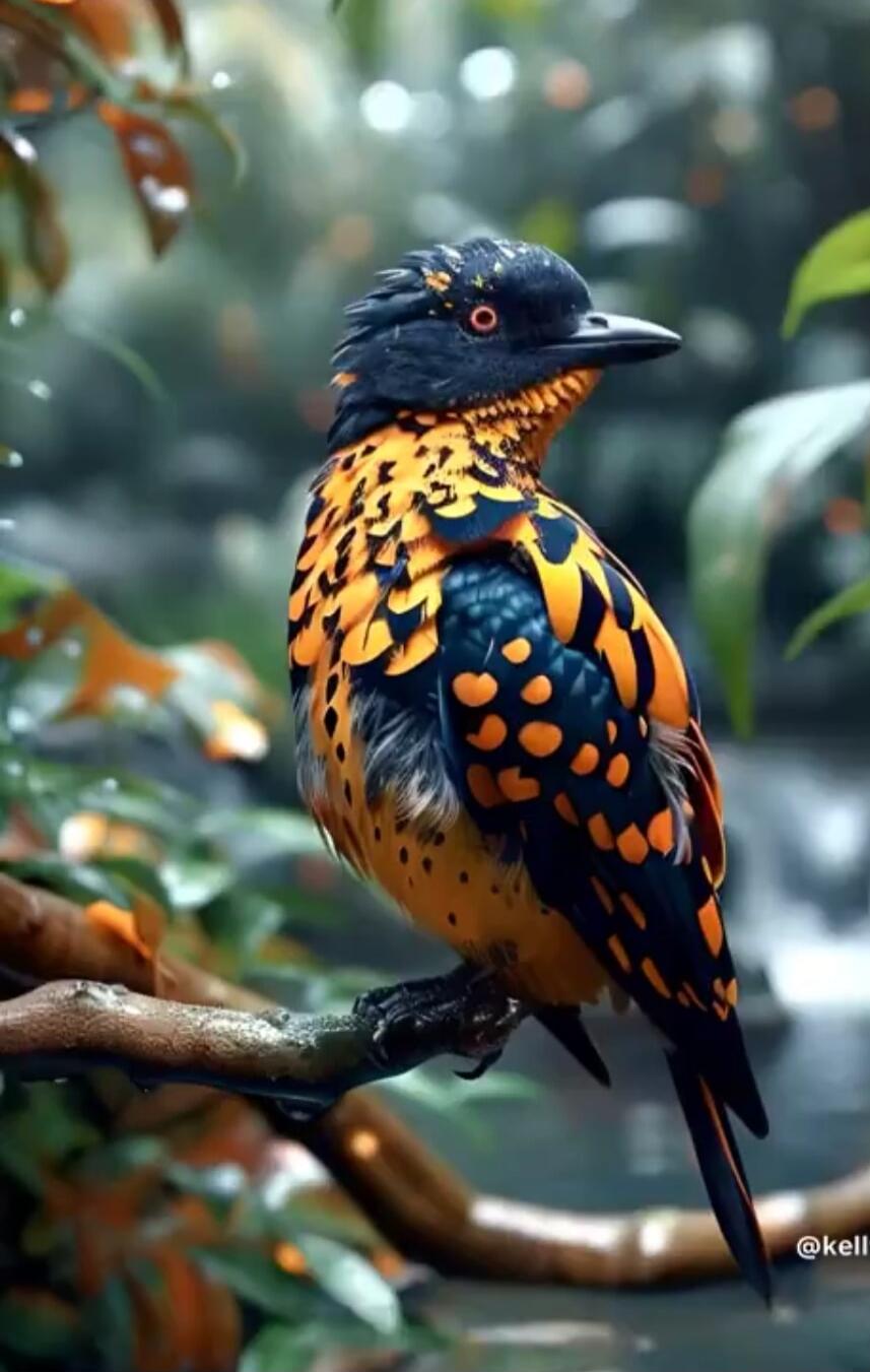 A striking, colorful bird perched on a branch in a lush setting.