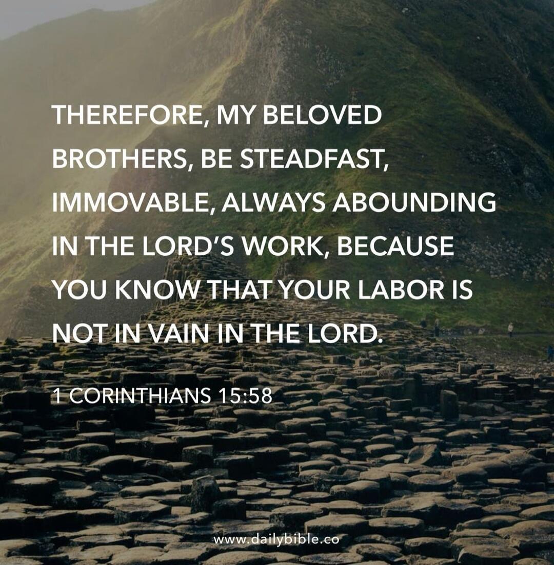THEREFORE, MY BELOVED BROTHERS, BE STEADFAST, IMMOVABLE, ALWAYS ABOUNDING IN THE LORD'S WORK, BECAUSE YOU KNOW THAT YOUR LABOR IS NOT IN VAIN IN THE LORD. 1 CORINTHIANS 15:58