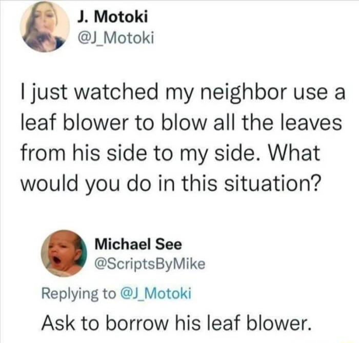 J Motoki J_Motoki just watched my neighbor use a leaf blower to blow all the leaves from his side to my side What would you do in this situation Michael See ScriptsByMike Replying to J_Motoki Ask to borrow his leaf blower