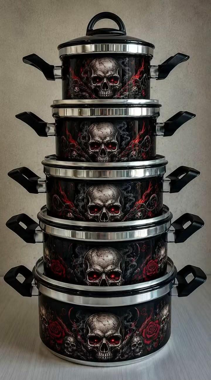 A stack of black cooking pots with gothic skull and red rose designs.