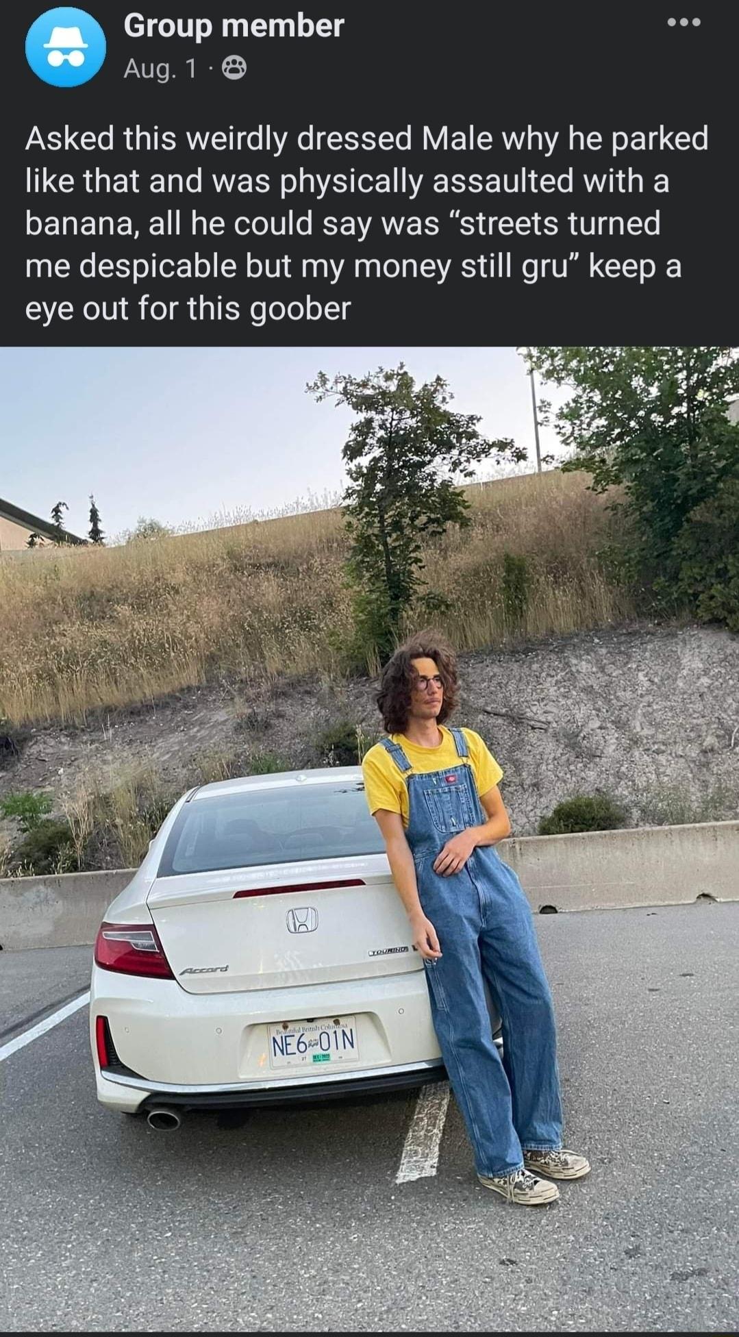 a Group member Aug1 Asked this weirdly dressed Male why he parked R GEE s RN e R EEE T AWV banana all he could say was streets turned me despicable but my money still gru keep a eye out for this goober
