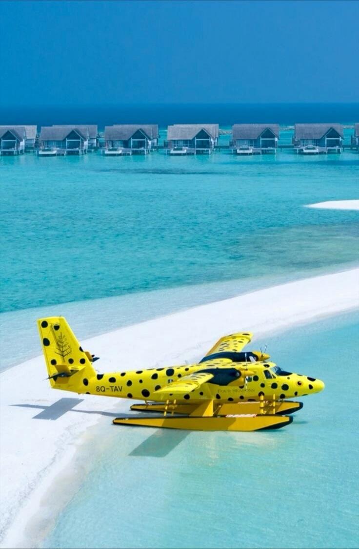 A yellow seaplane with black spots, registration 8Q-TAV, is parked on a white sand beach next to clear turquoise water. In the background, several overwater bungalows are visible. The plane also has 'FOUR SEASONS' written on its side.