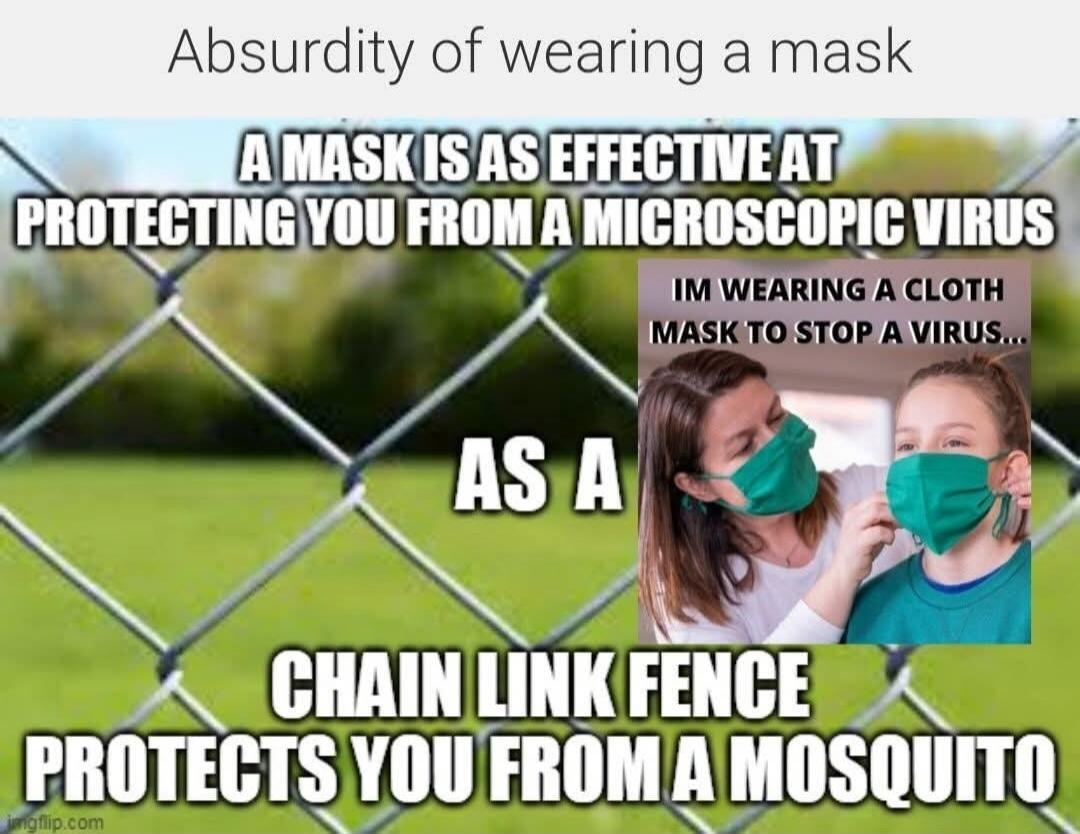 Absurdity of wearing a mask. A MASK IS AS EFFECTIVE AT PROTECTING YOU FROM A MICROSCOPIC VIRUS AS A CHAIN LINK FENCE PROTECTS YOU FROM A MOSQUITO. IM WEARING A CLOTH MASK TO STOP A VIRUS...