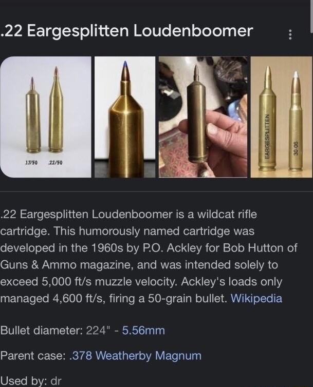 22 Eargesplitten Loudenboomer A 22 Eargesplitten Loudenboomer is a wildcat rifle cartridge This humorously named cartridge was developed in the 1960s by PO Ackley for Bob Hutton of Guns Ammo magazine and was intended solely to exceed 5000 fts muzzle velocity Ackleys loads only managed 4600 fts firing a 50 grain bullet Wikipedia Bullet diameter 224 556mm GEIC e SER A EE G T T Used by dr