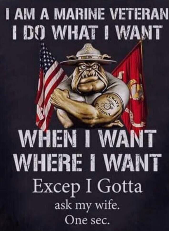 I AM A MARINE VETERAN I DO WHAT I WANT WHEN I WANT WHERE I WANT Except I Gotta ask my wife. One sec. Always Faithful.