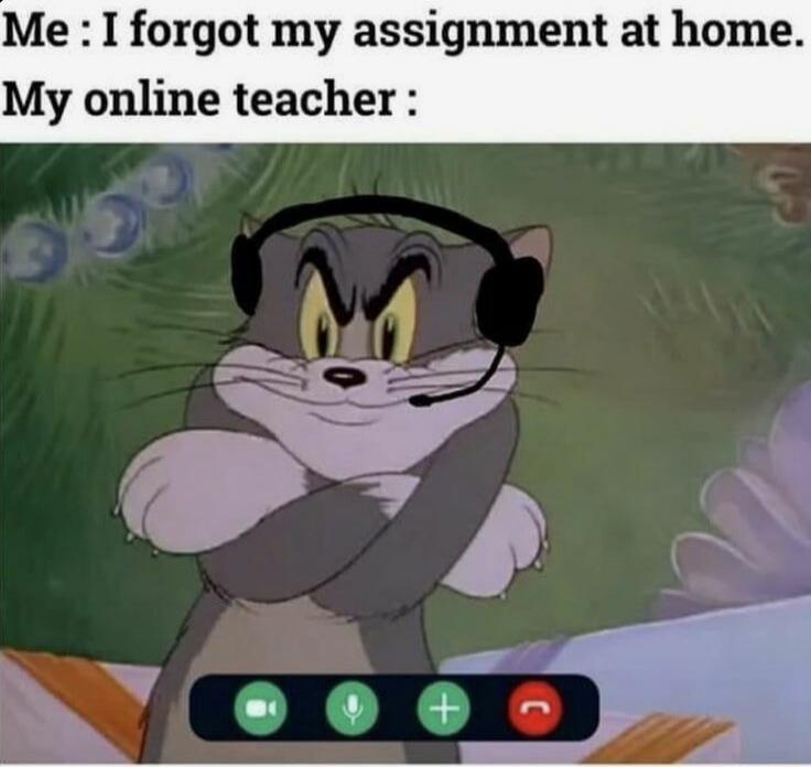 Me: I forgot my assignment at home. My online teacher: