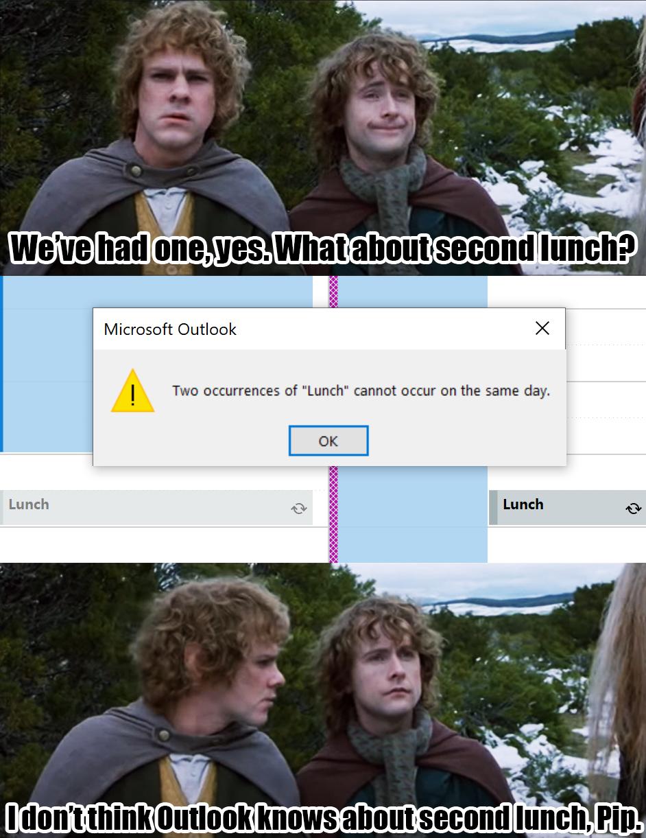 Microsoft Outlook Two occurrences of Lunch cannot occur on the same day