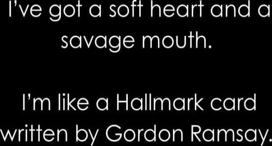 I've got a soft heart and a savage mouth. I'm like a Hallmark card written by Gordon Ramsay.