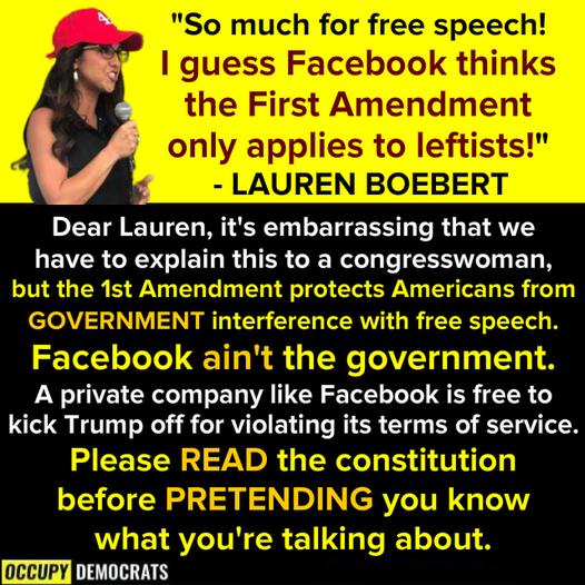 Dear Lauren its embarrassing that we have to explain this to a congresswoman A private company like Facebook is free to kick Trump off for violating its terms of service