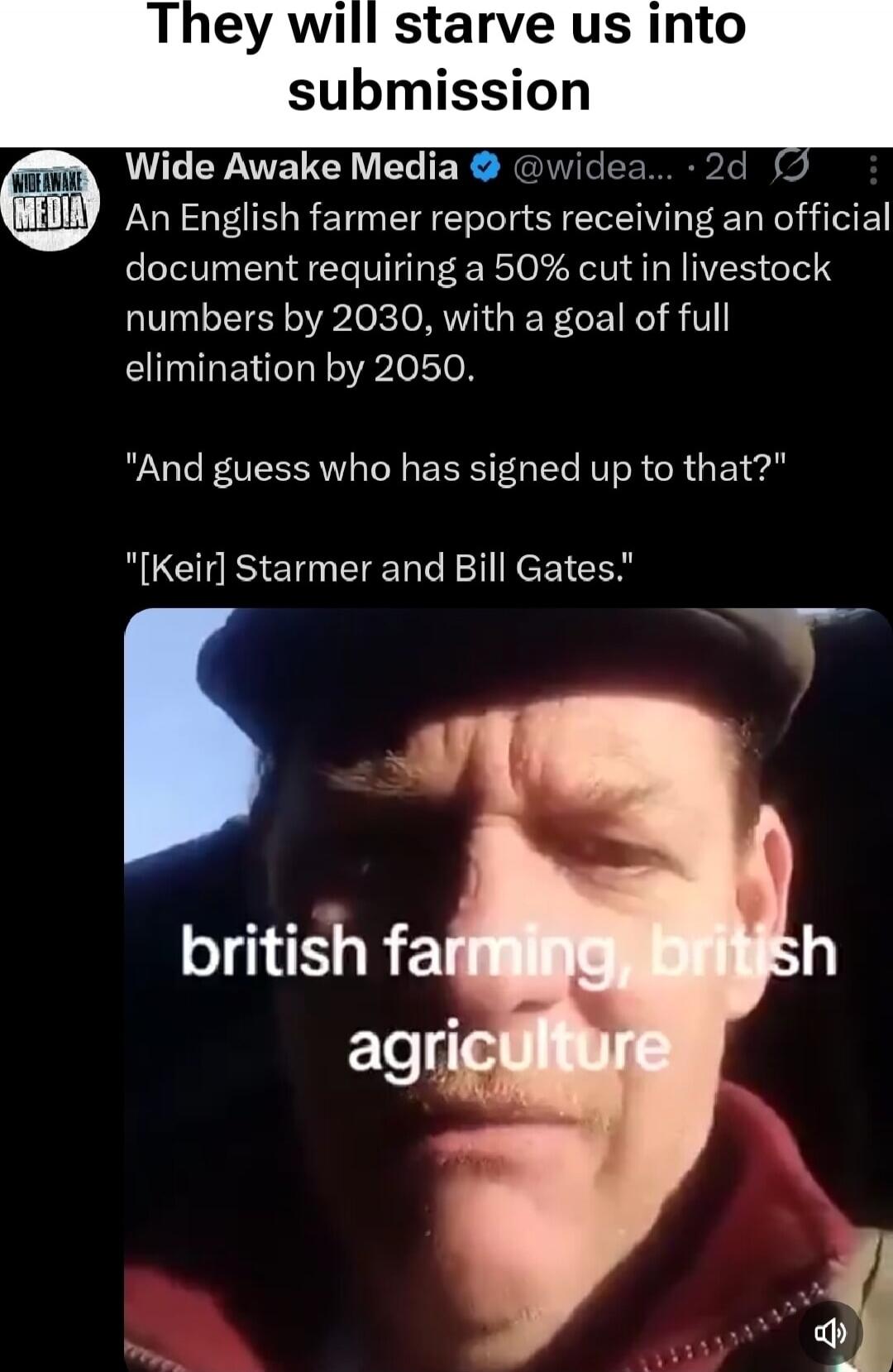 They will starve us into submission
An English farmer reports receiving an official document requiring a 50% cut in livestock numbers by 2030, with a goal of full elimination by 2050.
