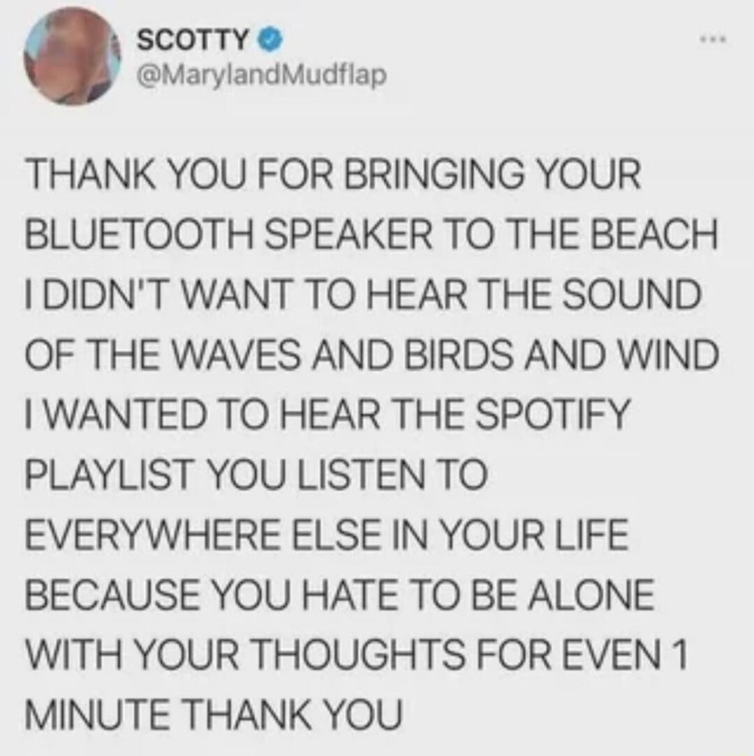 THANK YOU FOR BRINGING YOUR BLUETOOTH SPEAKER TO THE BEACH I DIDN'T WANT TO HEAR THE SOUND OF THE WAVES AND BIRDS AND WIND I WANTED TO HEAR THE SPOTIFY PLAYLIST YOU LISTEN TO EVERYWHERE ELSE IN YOUR LIFE BECAUSE YOU HATE TO BE ALONE WITH YOUR THOUGHTS FOR EVEN 1 MINUTE THANK YOU