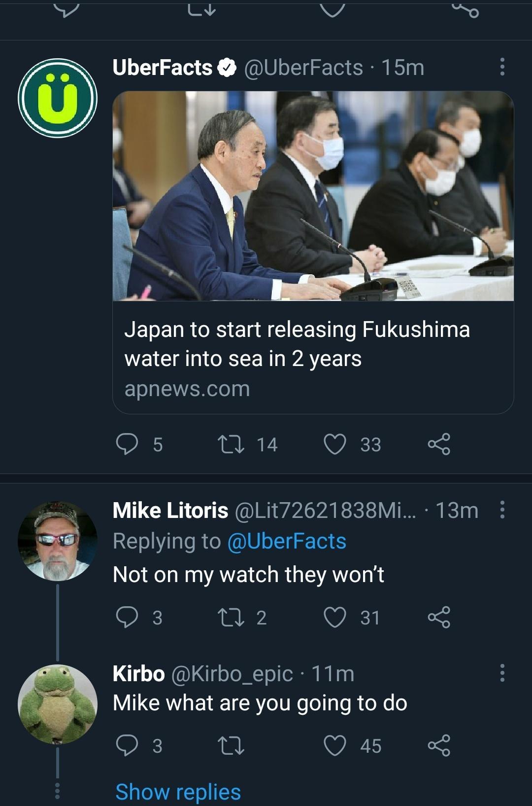 N 2 V So UberFacts UberFacts 15m N R NETERORS 1A CICER d AV TS gl WEICIR I R E W WAL S apnewscom O 5 N1 Q33 P Mike Litoris Lit72621838Mi 13m Replying to UberFacts Not on my watch they wont O 3 1Nz Q 31 o Kirbo Kirbo_epic 11m Y Mike what are you going to do w5 T O3 10 Q45 N RGOS