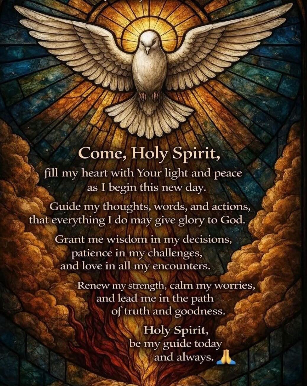 Come, Holy Spirit, fill my heart with Your light and peace as I begin this new day. Guide my thoughts, words, and actions, that everything I do may give glory to God. Grant me wisdom in my decisions, patience in my challenges, and love in all my encounters. Renew my strength, calm my worries, and lead me in the path of truth and goodness. Holy Spir