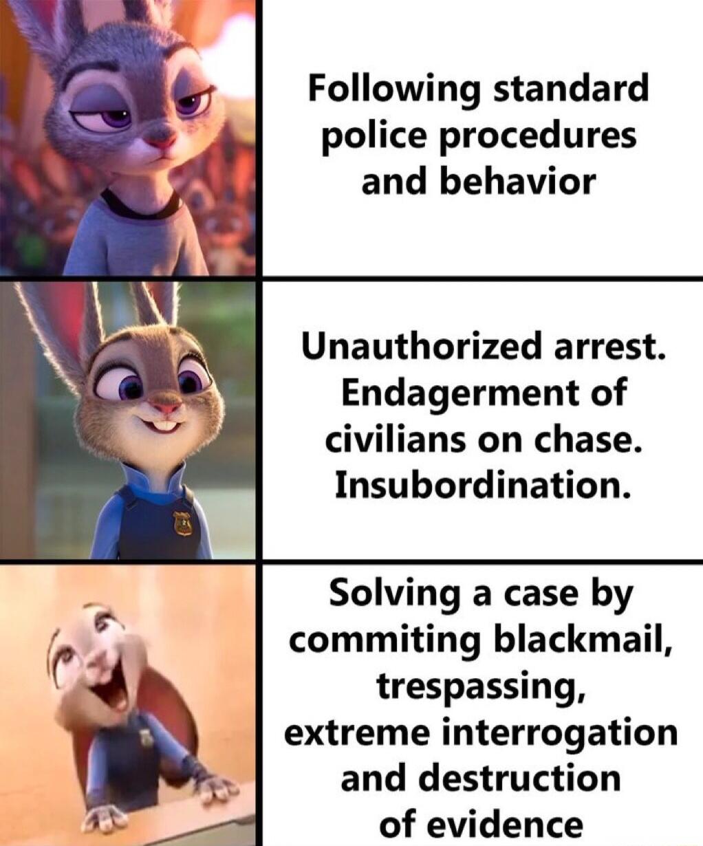 Following standard police procedures and behavior Unauthorized arrest Endagerment of civilians on chase Insubordination Solving a case by commiting blackmail trespassing extreme interrogation and destruction B of evidence
