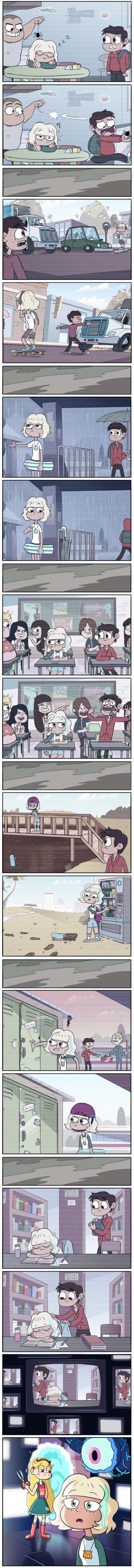 A boy tries to scare a sleeping girl with a spider. Marco saves Jackie from a truck. Marco offers Jackie an umbrella in the rain, but she walks away. Students laugh at Jackie, Marco defends her. Jackie's skateboard falls into water and gets muddy. Marco covers a sleeping Jackie with a blanket in the library. Star Butterfly appears with scissors, lo