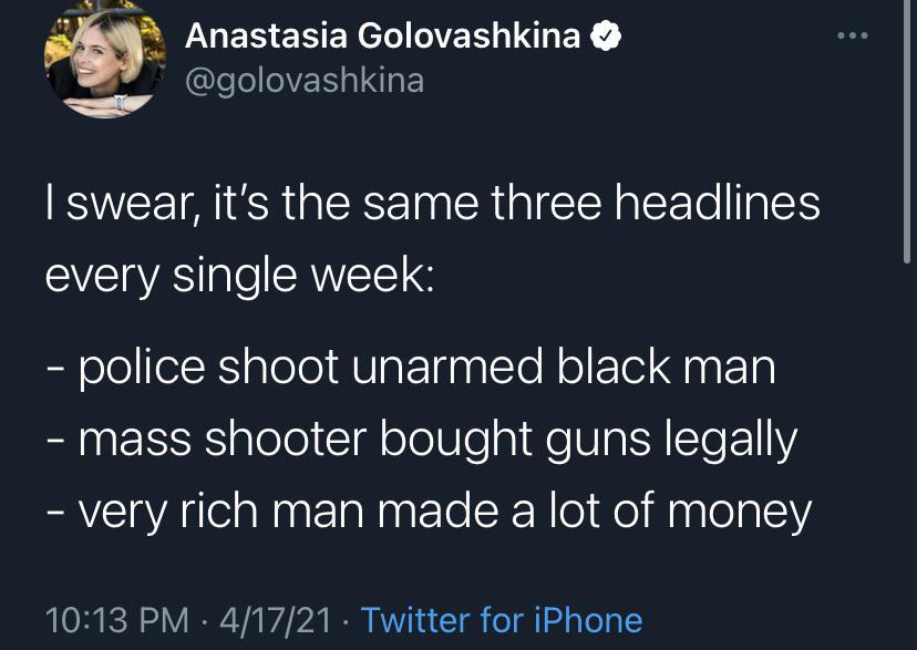 D 5 MAES ENENCERINHEY golovashkina swear its the same three headlines EVETAS gleSANVEETS S ool elX gTele AVIaTaaalToN ol ETel g Tl S EESES plele 1l oeUle gl e SIa I Te FE1Y very rich man made a lot of money 1013 PM 41721 Twitter for iPhone