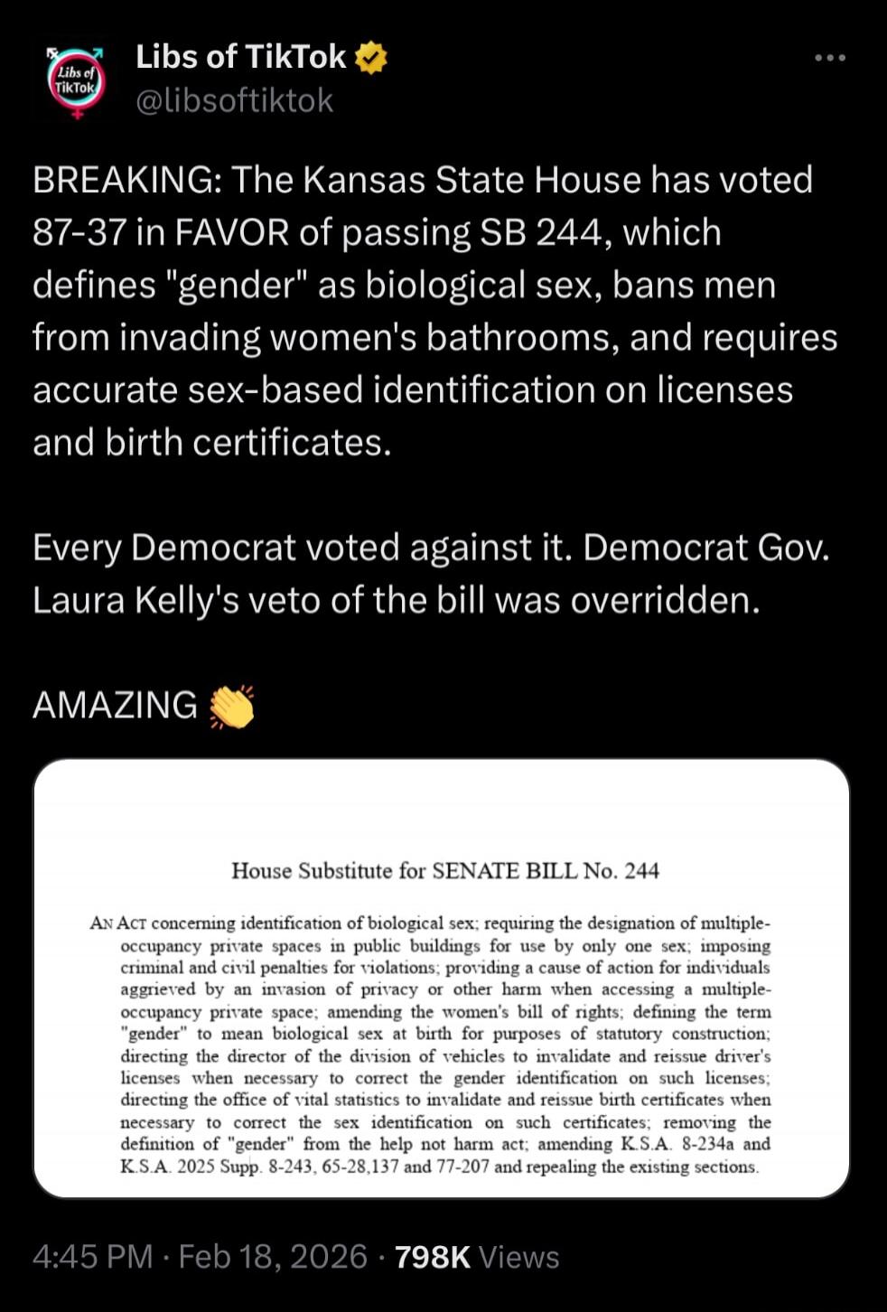 BREAKING: The Kansas State House has voted 87-37 in FAVOR of passing SB 244, which defines 