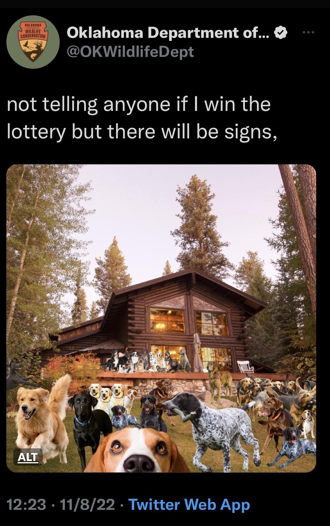 S W NEL LT BN ERETL O T S oKwildlifeDept not telling anyone if win the lottery but there will be signs 1223 11822 Twitter Web App 1176 Retweets 75 Quote Tweets