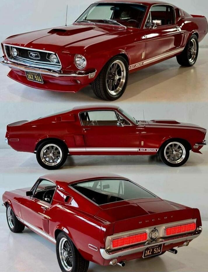 Red 1960s Ford Mustang GT fastback, shown from front, side, and rear angles.