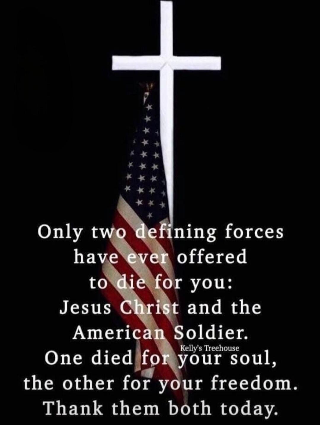 Only two defining forces have ever offered to die for you: Jesus Christ and the American Soldier. One died for your soul, the other for your freedom. Thank them both today.