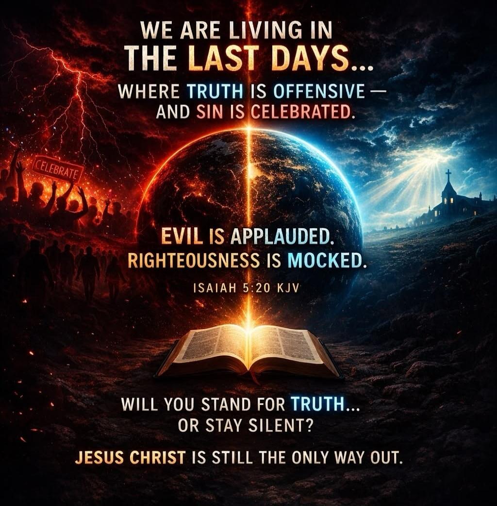 WE ARE LIVING IN THE LAST DAYS... WHERE TRUTH IS OFFENSIVE — AND SIN IS CELEBRATED. CELEBRATE EVIL IS APPLAUDED. RIGHTEOUSNESS IS MOCKED. ISAIAH 5:20 KJV WILL YOU STAND FOR TRUTH... OR STAY SILENT? JESUS CHRIST IS STILL THE ONLY WAY OUT.