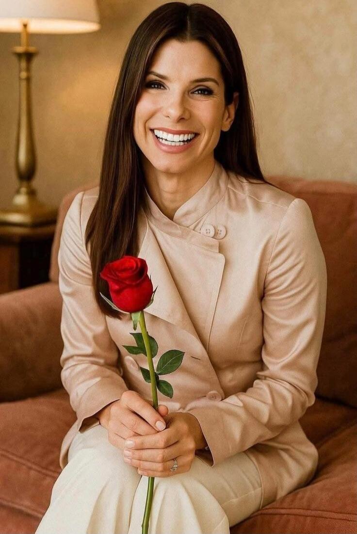 A smiling woman with long dark hair, wearing a light-colored jacket, sits on a couch and holds a single red rose.