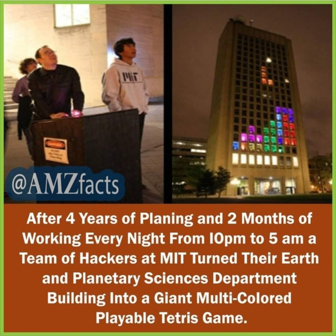AMZfacts Eel ZEUS LUCTE A CETCRI RSN TT A LT G EY Working Every Night From I0pm to 5 am a BCELE L ECTER T LR TOEG R G EHE T ELU R EN T ERECT UL N ET T 1 Building Into a Giant Multi Colored Playable Tetris Game