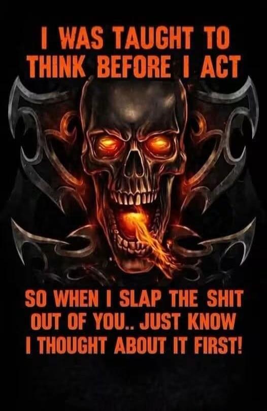 I WAS TAUGHT TO THINK BEFORE I ACT SO WHEN I SLAP THE SHIT OUT OF YOU.. JUST KNOW I THOUGHT ABOUT IT FIRST!