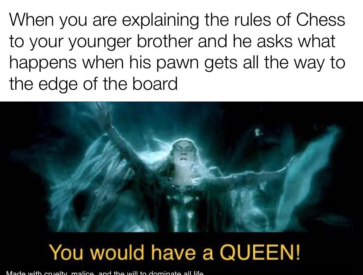 When you are explaining the rules of Chess to your younger brother and he asks what happens when his pawn gets all the way to the edge of the board You would have a QUEEN Aada with Arnialihvy malira and thae will Aa Aaminatae all Lifa