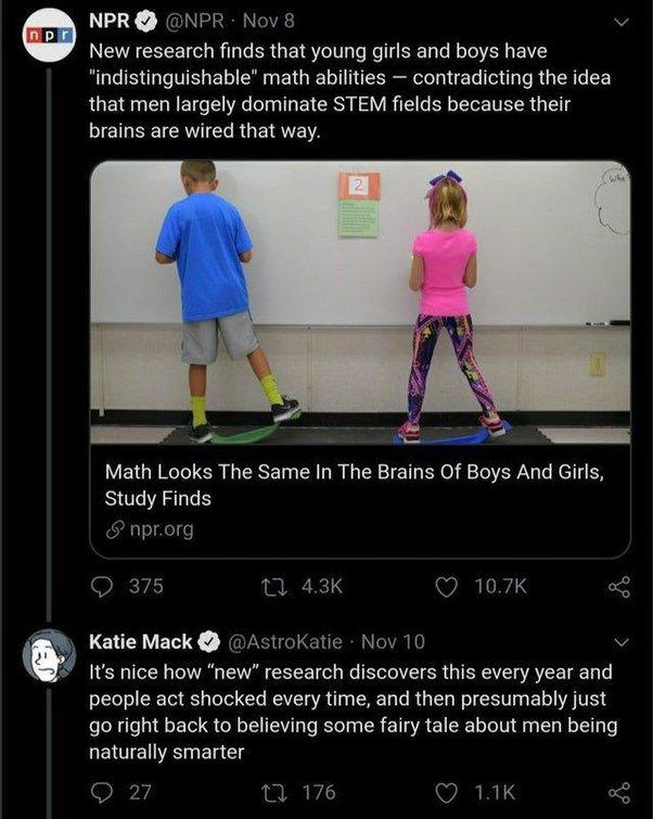 NPR NPR Nov 8 v INEEESEETCL R ERGETS I e Re I PN T R Tl EITY indistinguishable math abilities contradicting the idea that men largely dominate STEM fields because their IETSET R CI R G EI AN R Math Looks The Same In The Brains Of Boys And Girls Study Finds nprorg Q 875 10 43K O 107K Katie Mack AstroKatie Nov 10 v Its nice how new research discovers this every year and people act shocked every time