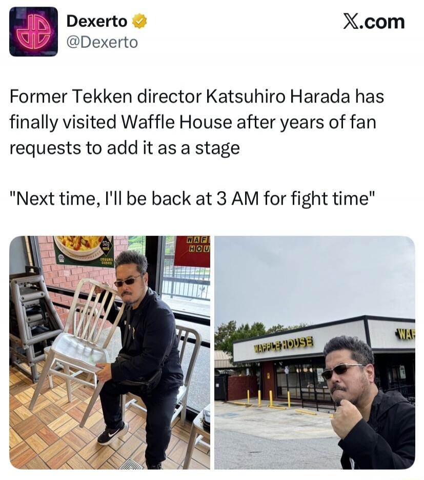 Former Tekken director Katsuhiro Harada has finally visited Waffle House after years of fan requests to add it as a stage. Next time, I'll be back at 3 AM for fight time. Waffle House.