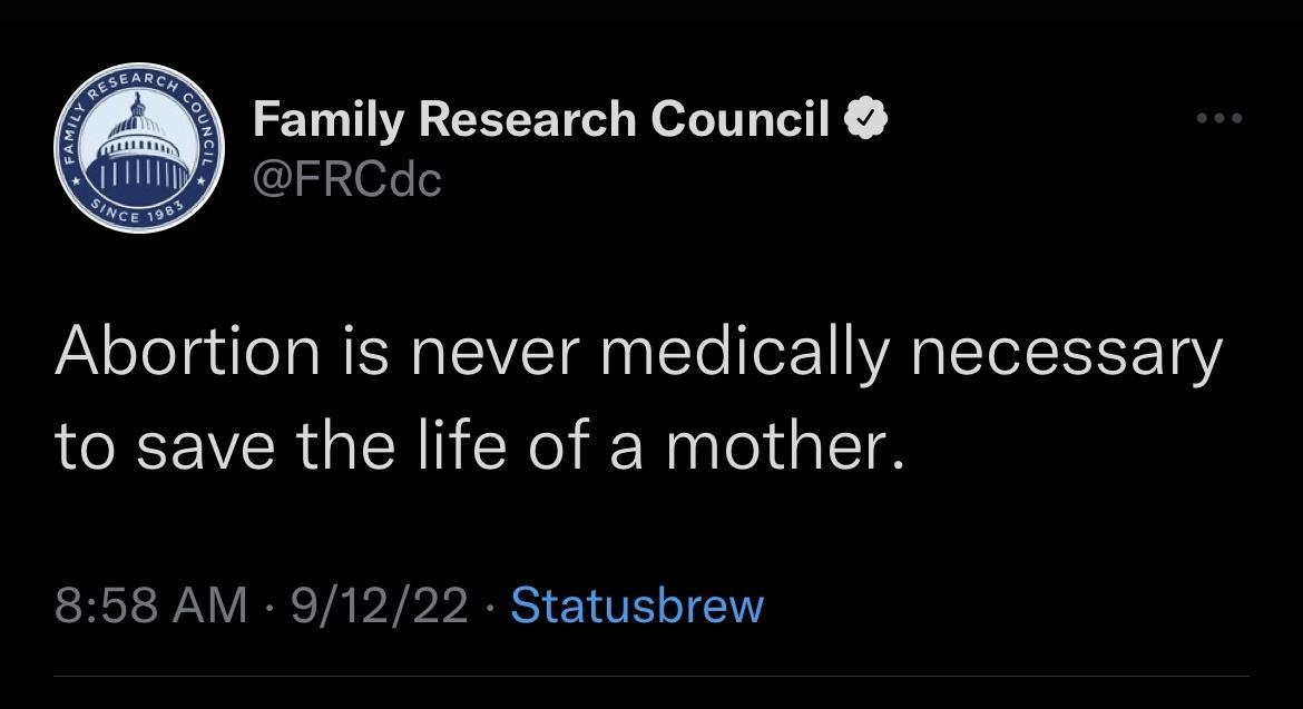 Family Research Council FRCdc Abortion is never medically necessary to save the life of a mother 858 AM 91222 Statusbrew 1 REOTEEICR R Rl ERVEEI S K 7o JRIEE