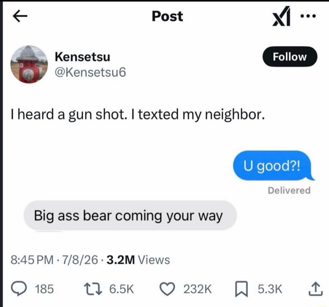 I heard a gun shot. I texted my neighbor. U good?! Big ass bear coming your way